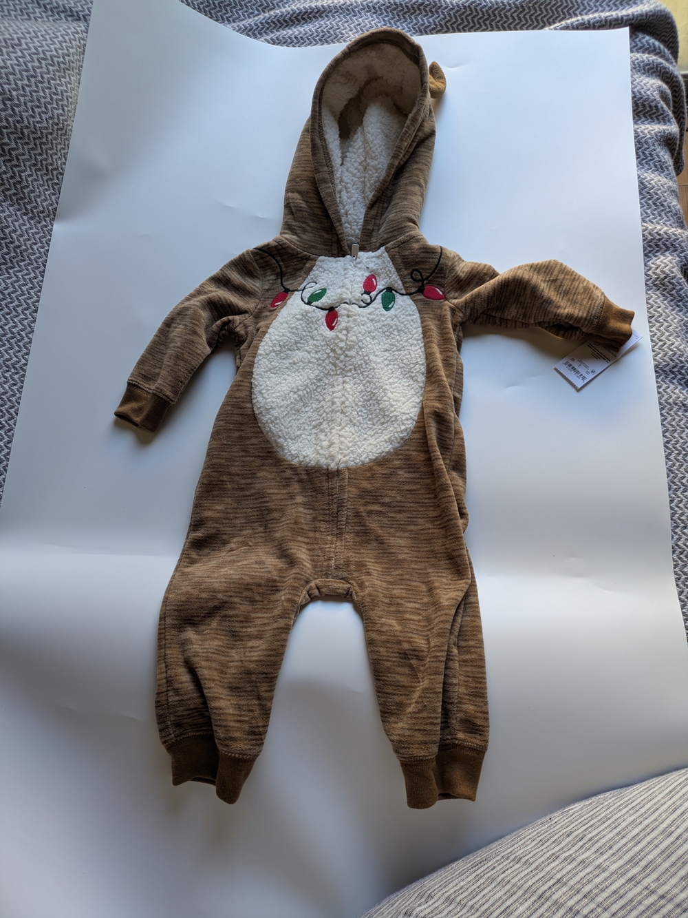 Carter's Brown Plush Hooded Baby One-Piece with Reindeer Lights Detail Sz 3 Mos